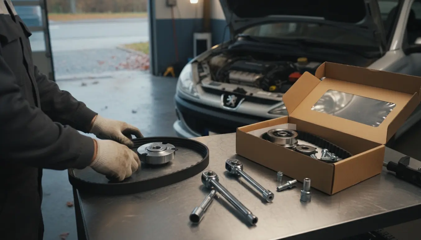 Mekaniker skifter tandrem på en Peugeot 206+ i et garageværksted i november med reservedele og værktøj på arbejdsbordet.