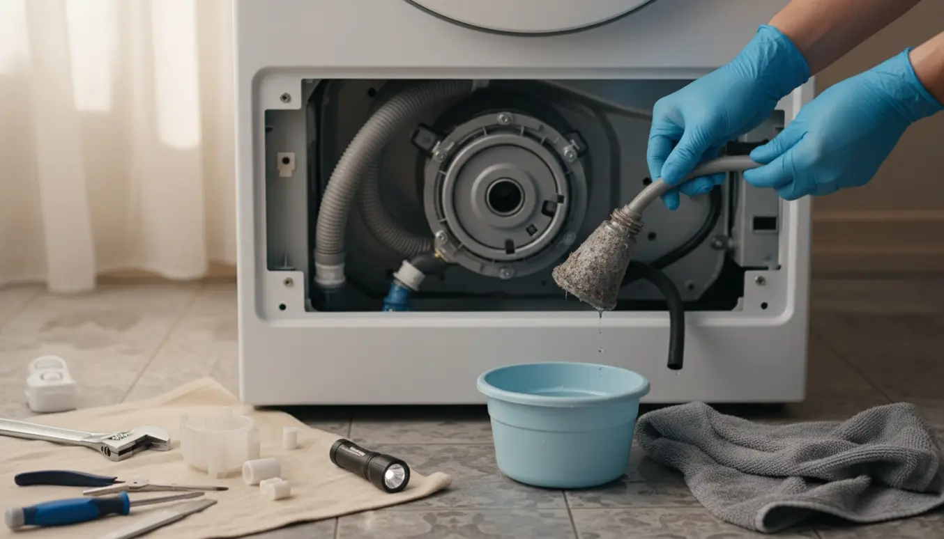 Nærbillede af en åben vaskemaskine med afmonteret bundpanel, handsker holder afløbsslange og snavset filter med værktøj og spand ved siden af.