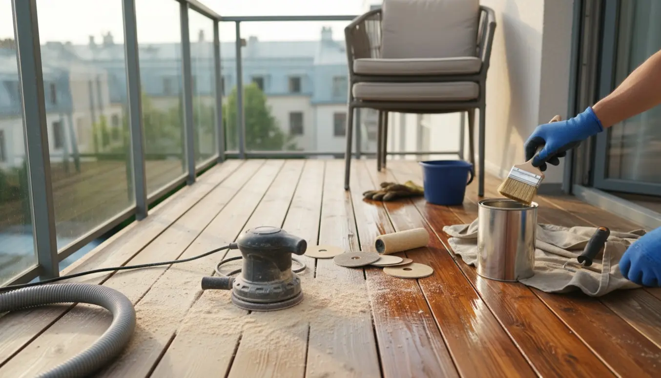 Altangulv under slibning og oliebehandling med slibemaskine, oliekande og værktøj på en lille byaltan.