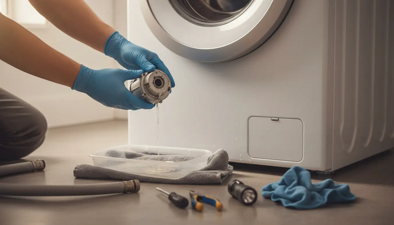 Nærbillede af en hvid frontbetjent vaskemaskine med åben pumpe, værktøj og handsker i et ryddeligt bryggers.