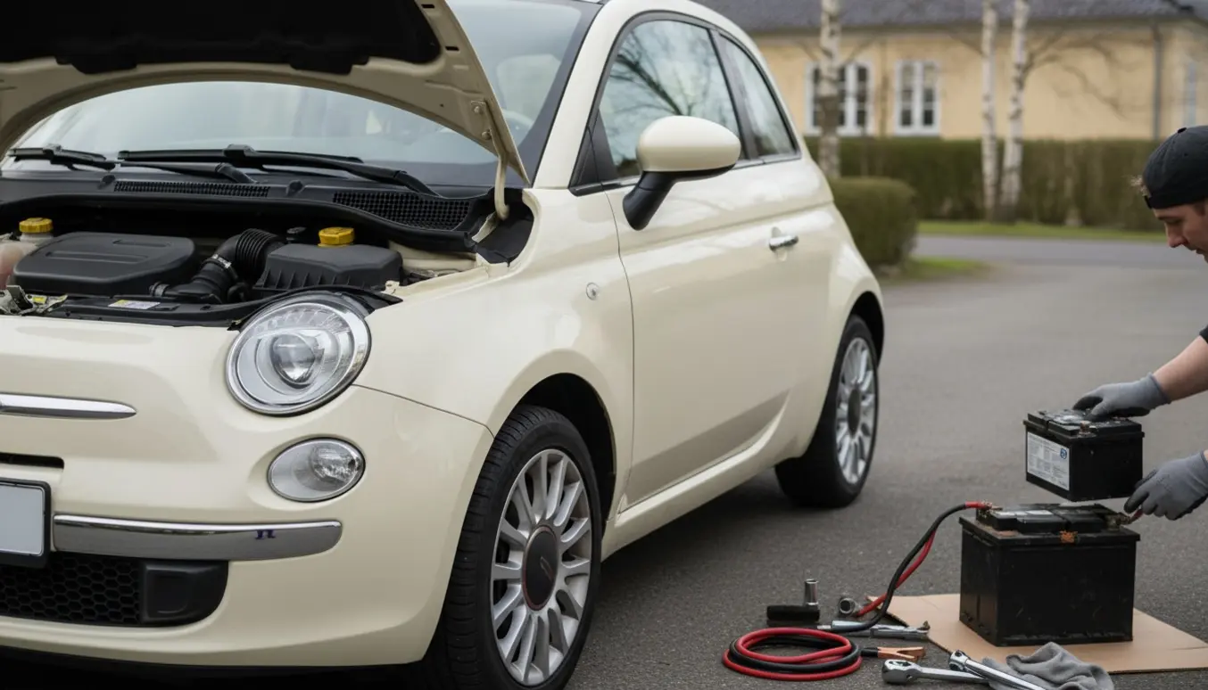 En Fiat 500 med åben motorhjelm, hvor et nyt batteri sættes i på en indkørsel.