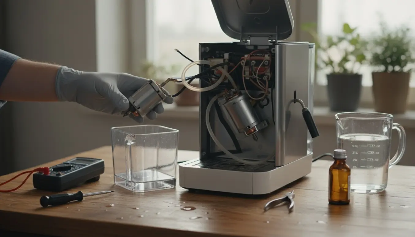 Nærbillede af en espressomaskine med åbent kabinet, eksponeret pumpe og værktøj på et køkkenbord under reparation.