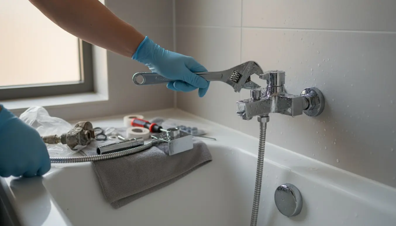 Hænder monterer et nyt krom brusearmatur over et badekar med værktøj og reservedele klar på kanten.