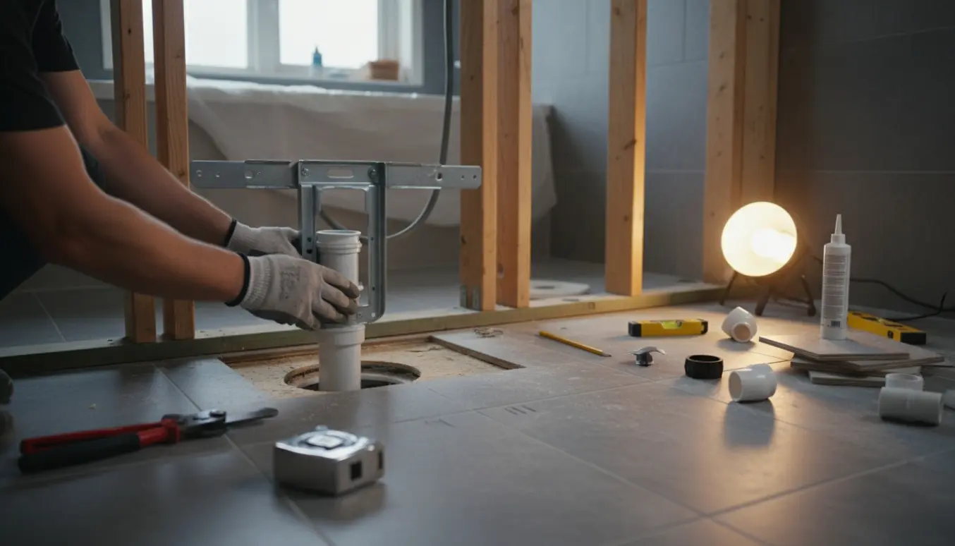 Håndværkerhænder justerer et nyt toiletafløb i et baderum under renovering.