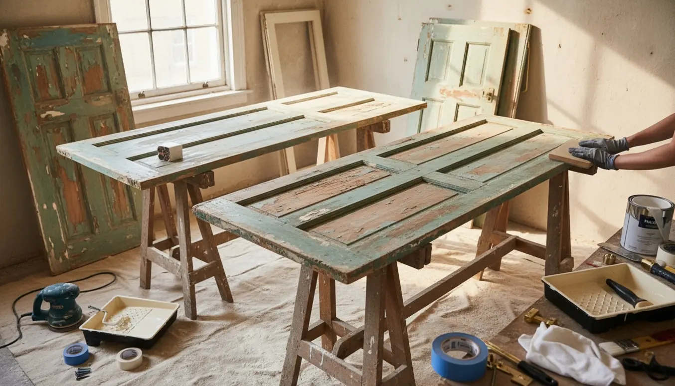 Afmonterede gamle døre og karme på bukke i et lille byhus, klar til slibning, spartling og maling.