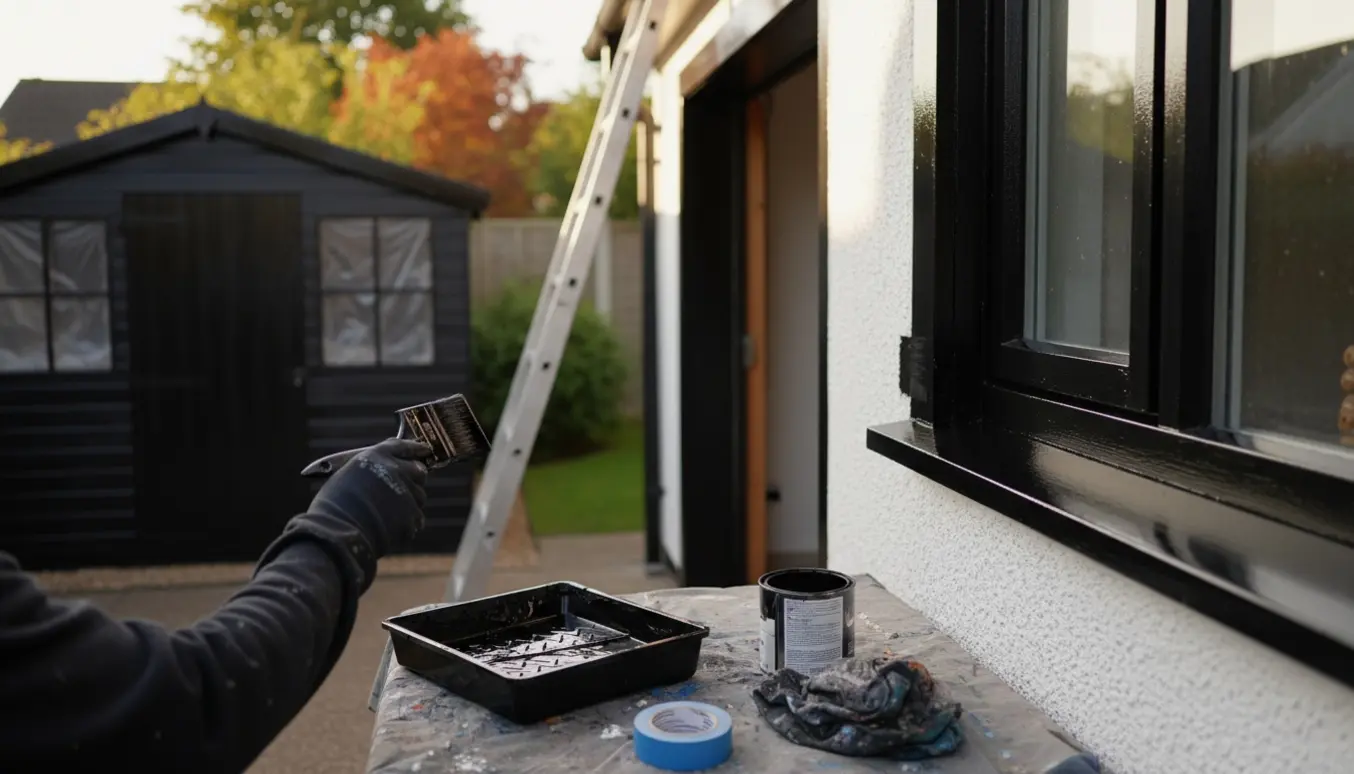 Udendørs malerarbejde af sort træværk på stern, vinduesrammer, garage og skur i varmt naturligt lys.