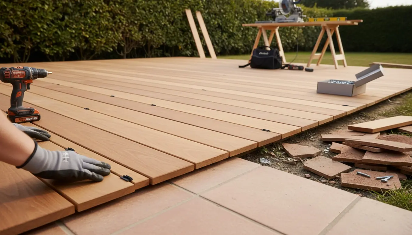 Thermowood-brædder monteres i en privat have med skjulte beslag og værktøj ved kanten.