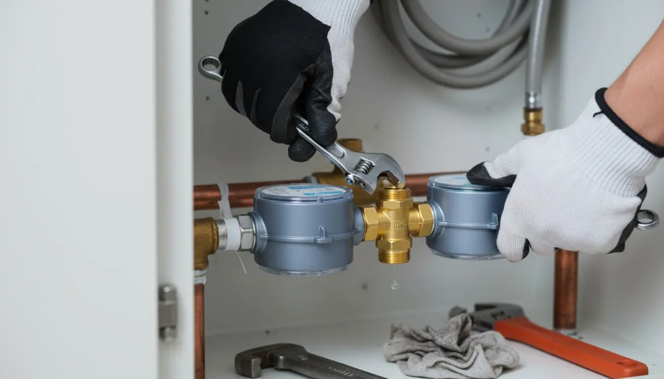 Nærbillede af hænder, der udskifter to vandmålere og en guldfarvet messingdel i et teknikskab.