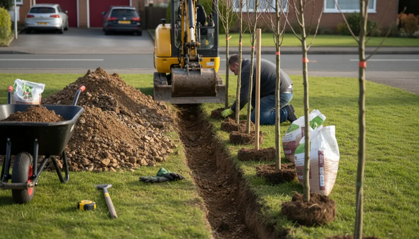 Frisk gravet rende langs vej med gummiged, stenet jord og bøgehæk-planter klar til plantning.