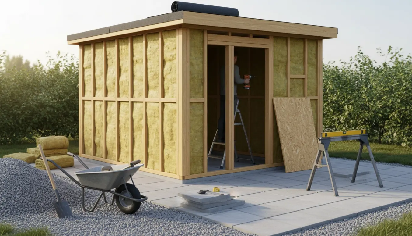Opførelse af et isoleret træskur på grus- og betonflisefundament med synlige trærammer, isolering og tagpap.