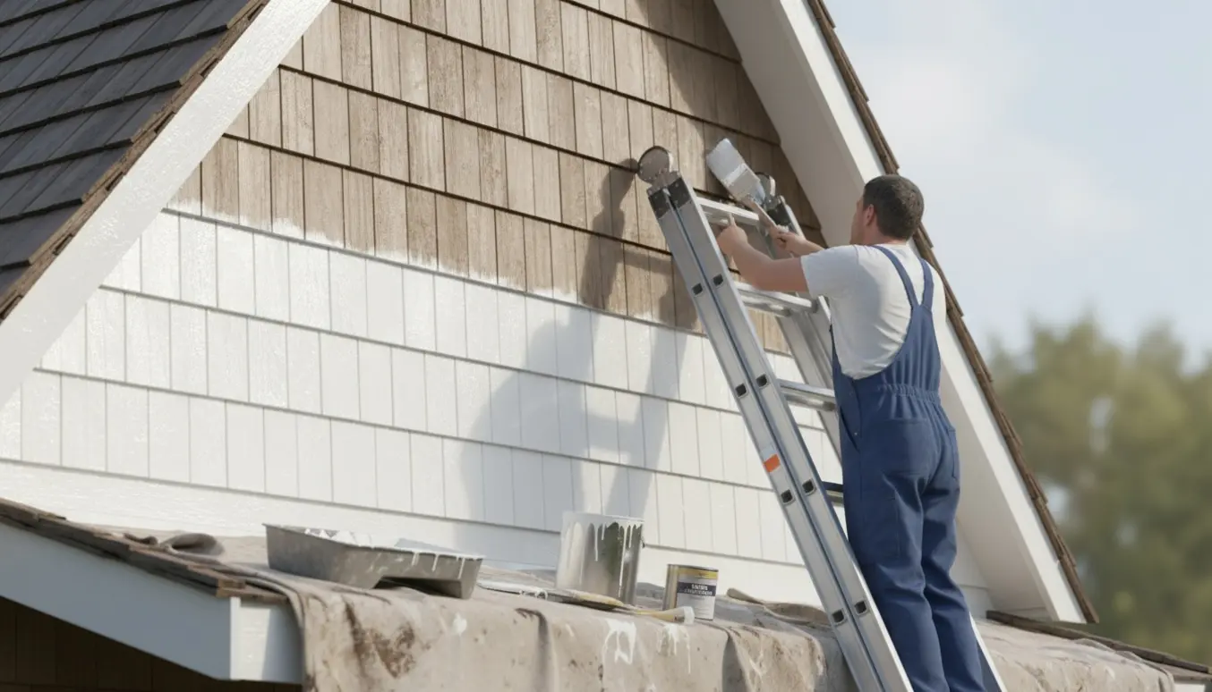 En maler på stige maler en trægavl hvid med pensel, malerbøtte og træbeskyttelse.