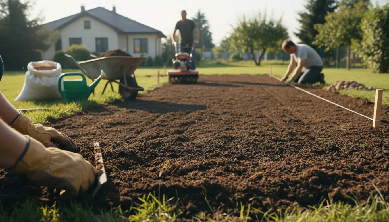 Forhave på ca. 300 m² under klargøring til såning af græs med rive, fræser, trillebør og markeringssnore.
