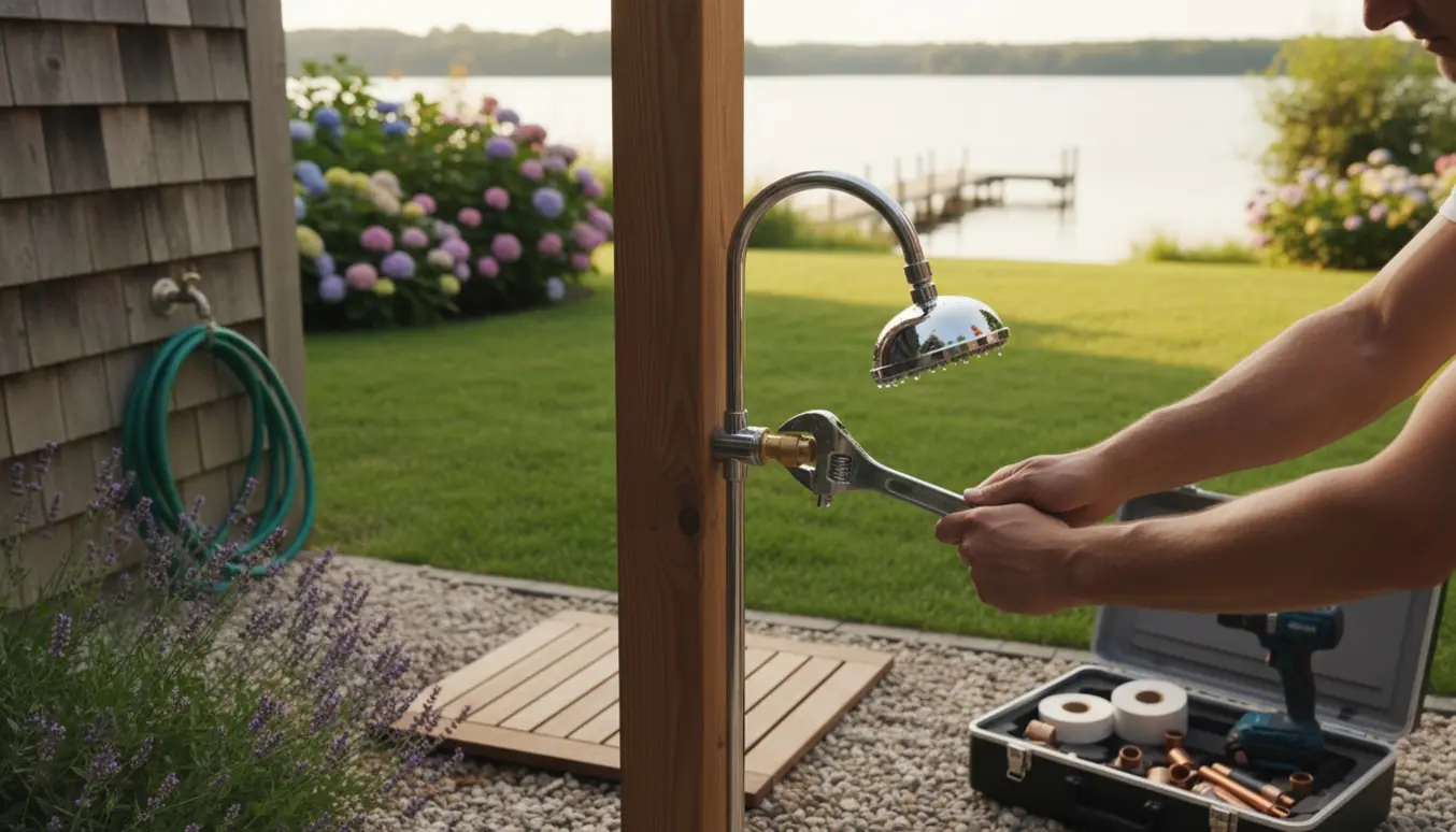 En udendørs bruser monteres i en have med værktøj og en udendørs vandhane i baggrunden.