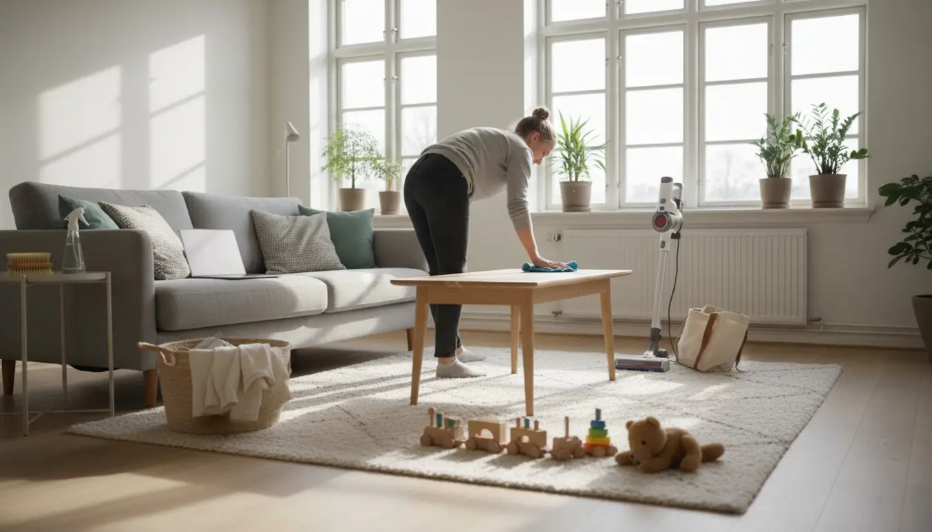 Husassistent rydder legetøj og aftørrer bordet i en lys, velordnet stue med rengøringsudstyr.