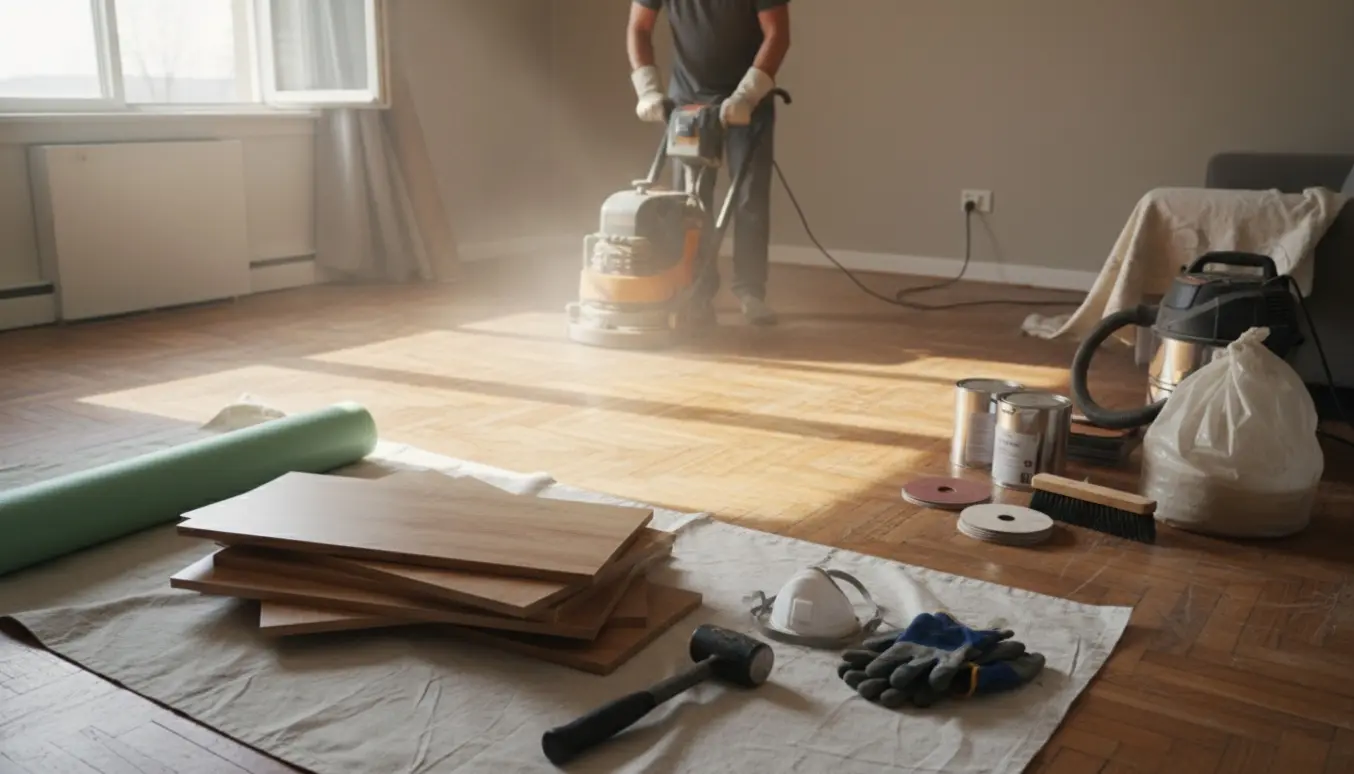 Delvist fjernet klikgulv og en gulvsliber i en kompakt lejlighed, klar til slibning og lakering.