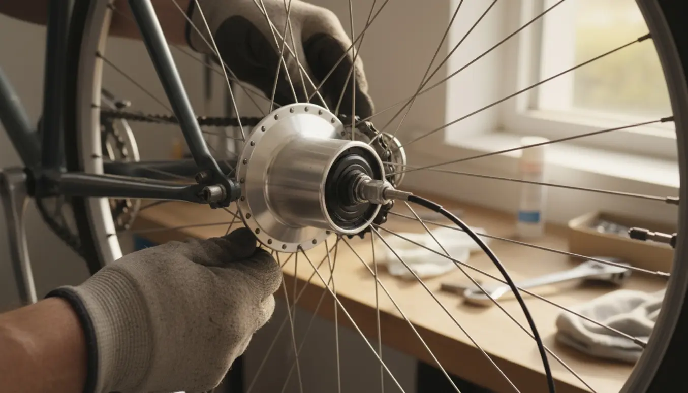 Hænder monterer et nyt baghjul med 7 indvendige gear på en cykel i et lyst værksted.