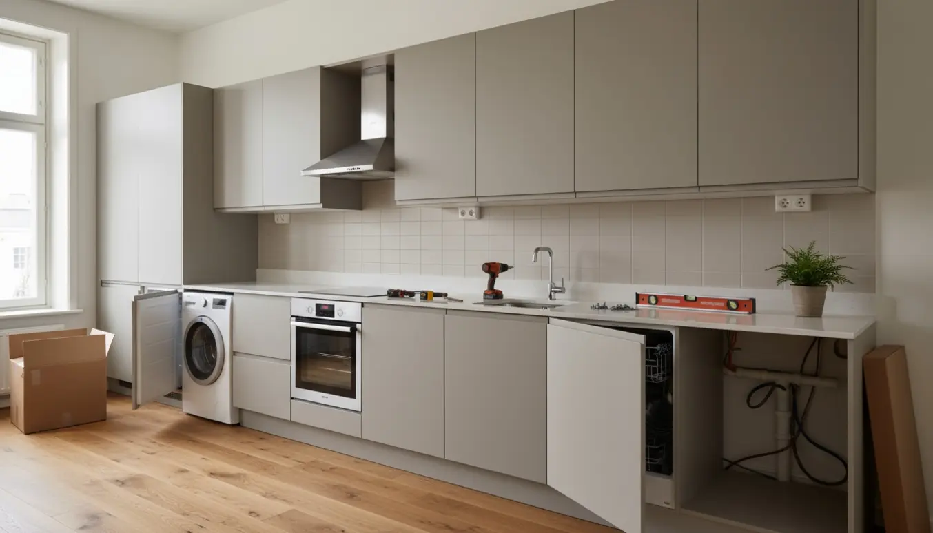 Nyinstalleret IKEA-køkken med modulære skabe, indbyggede hvidevarer, bordplade med udskæring til vask og værktøj på disken.