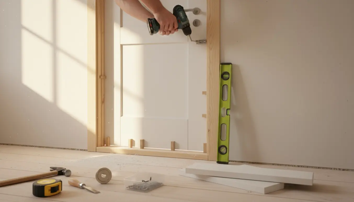 Håndværker installerer en indvendig dør i et lyst sommerhusgæsteværelse med værktøj og gerigter klar.