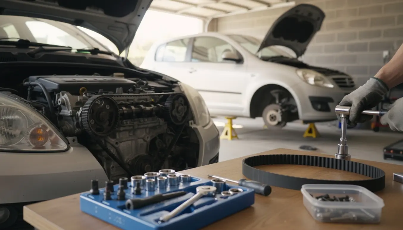 Nærbillede af udskiftning af tandrem på en lille bybil i en garage, med værktøj og åbent motorrum.