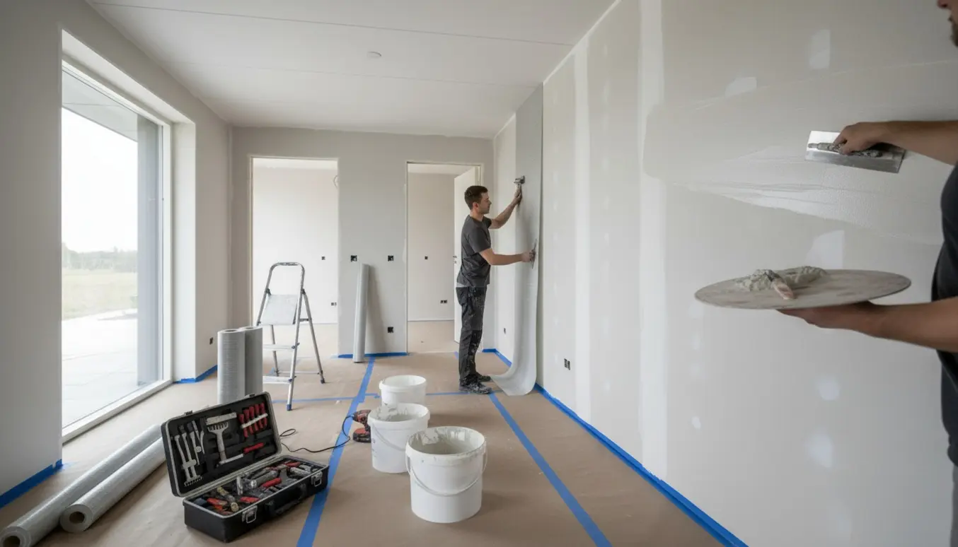 Arbejder spartler en gipsvæg og opsætter glasfilt i et tomt hus med 2,5 m loftshøjde.