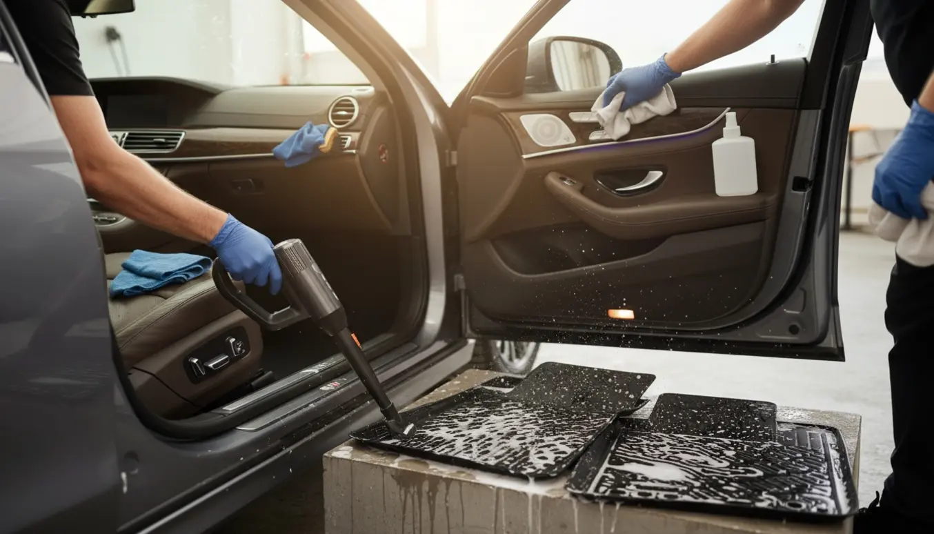 Bilens kabine under grundig rengøring med støvsuger, to gummimåtter og aftørring af instrumentbrættet.