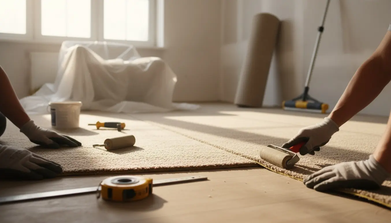 Hænder justerer og sammenføjer to tæppepaneler i et værelse med tæppeværktøj omkring.