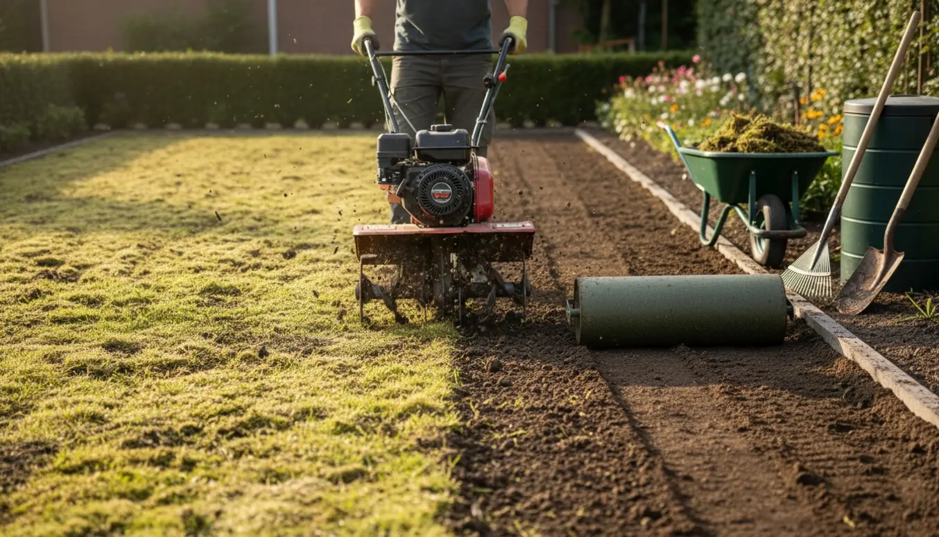 En fræser vender mos fra en græsplæne, mens en tromle jævner den nyligt fræsede jord.