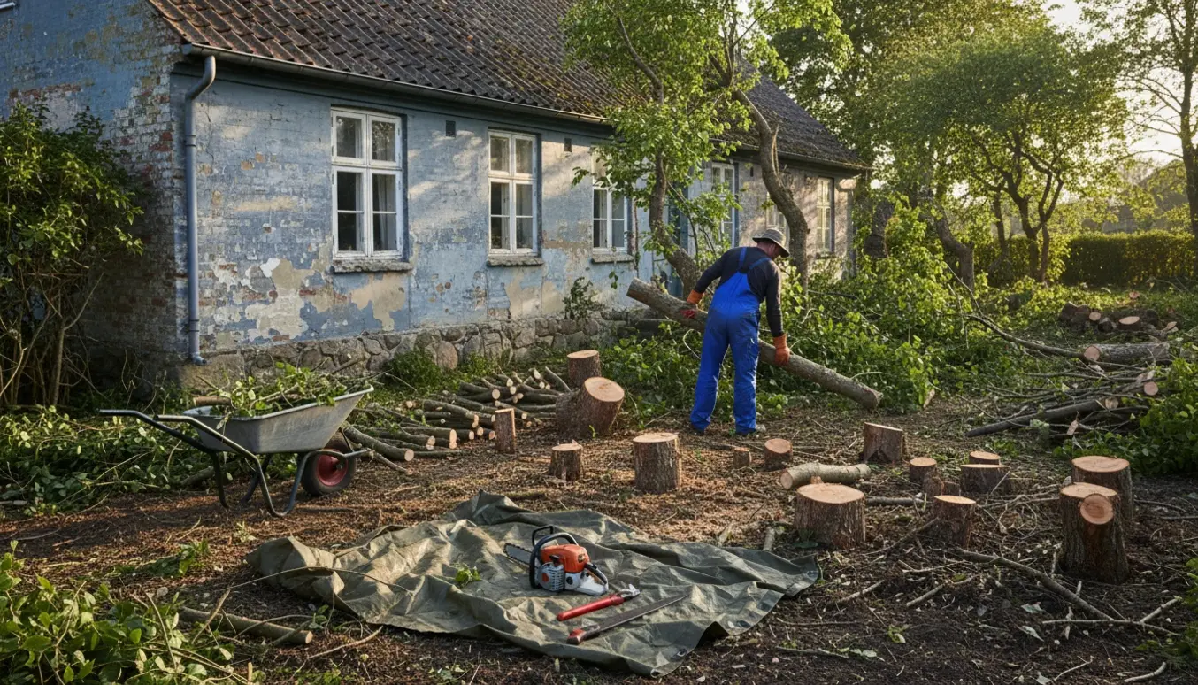 Træer og tætte buske ved en gammel husefacade bliver fjernet, med stumper, kvas og værktøj i forgrunden.