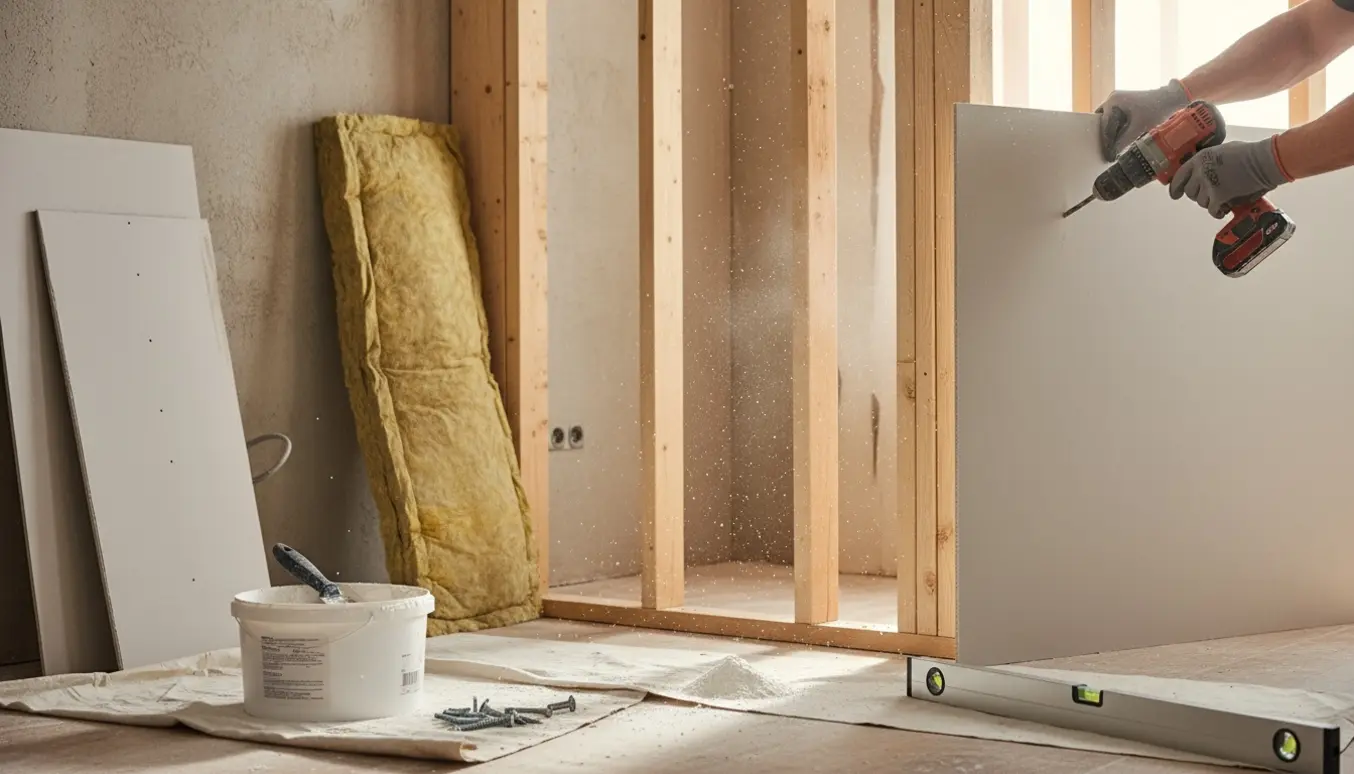 Hænder med skruemaskine monterer gipsplader for at blænde en indvendig dør.