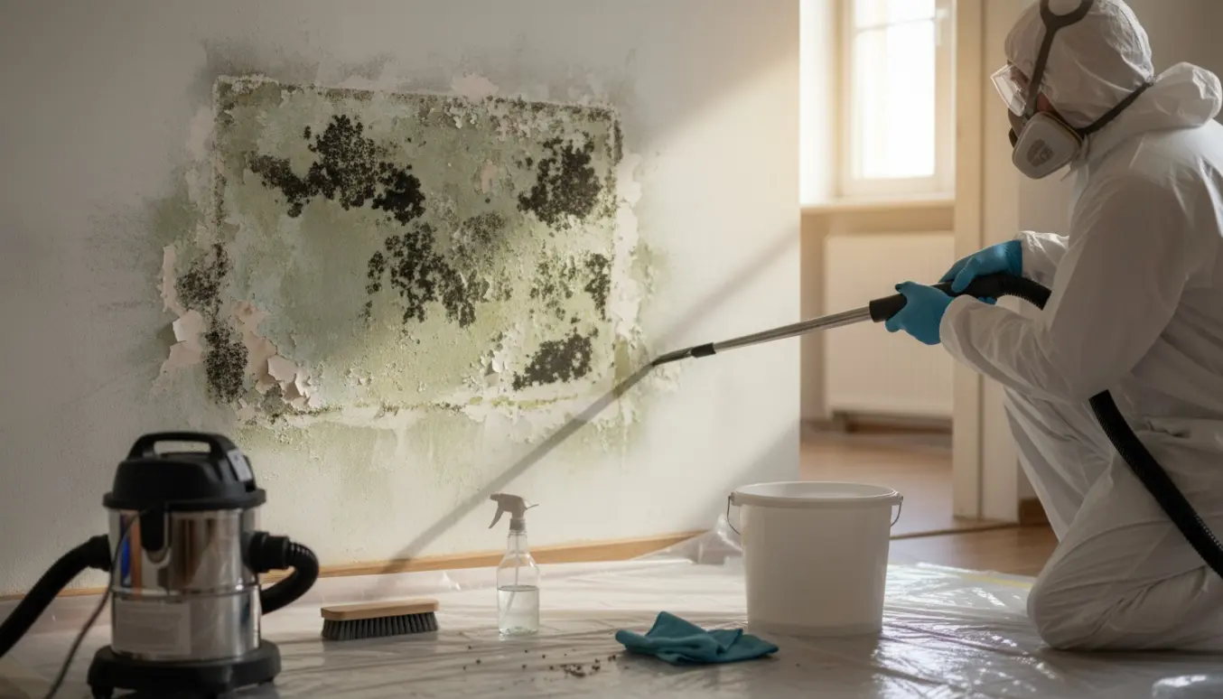 Tekniker i beskyttelsesudstyr støvsuger og vasker et område med synlig skimmelsvamp på en indervæg.