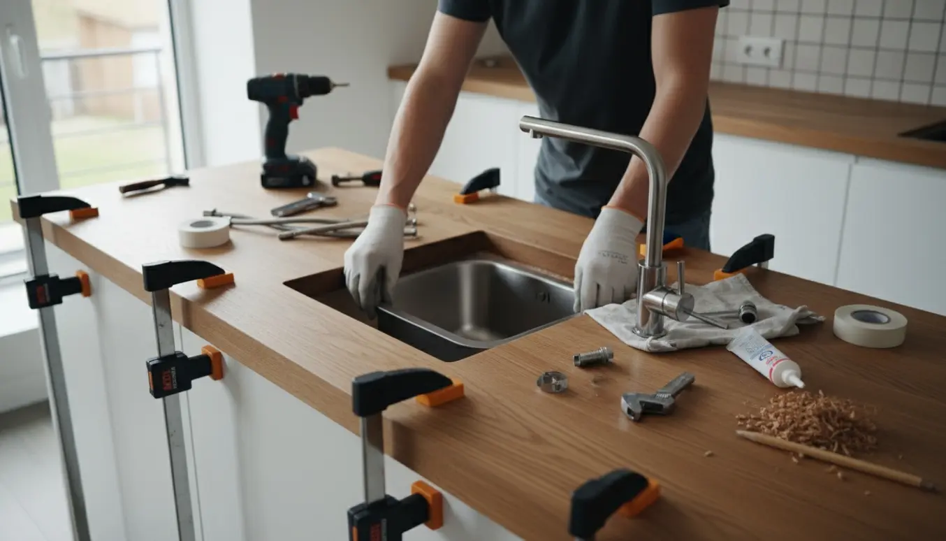 Ny massiv trækøkkenbordplade med undermonteret vask og blandingsbatteri under installation.