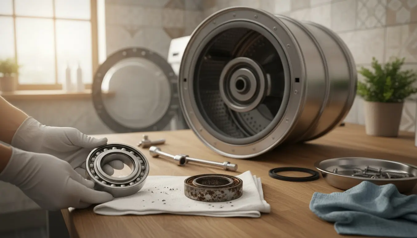 Nærbillede af hænder, der holder et nyt leje ved siden af et slidt leje foran en vaskemaskinetromle på et værksted.