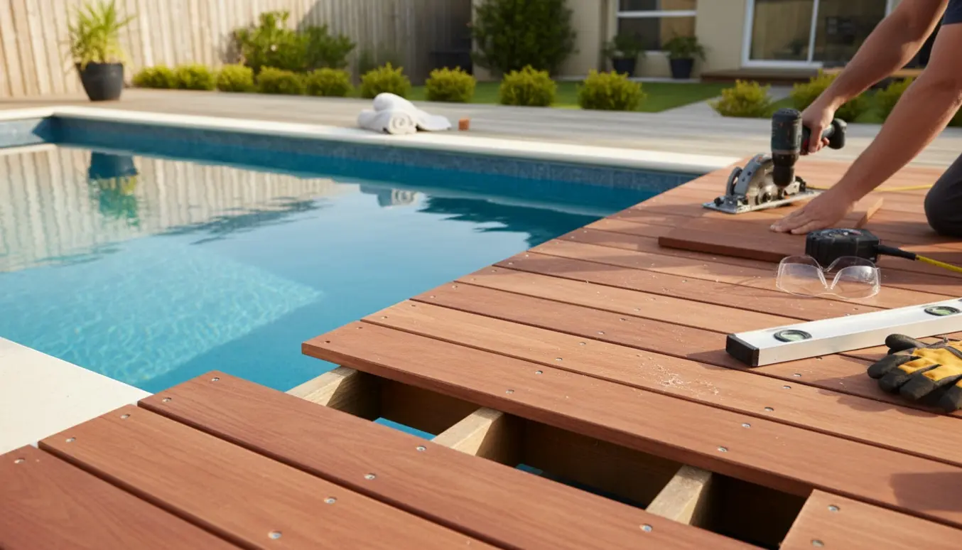Delvist færdig træterrasse udvidet ved poolen med værktøj og håndværkerhænder.