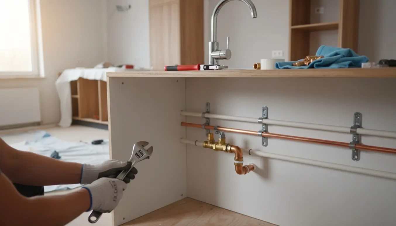 Nærbillede af VVS-arbejde i et køkken, med rør og værktøj mens vandrør flyttes til væggen.