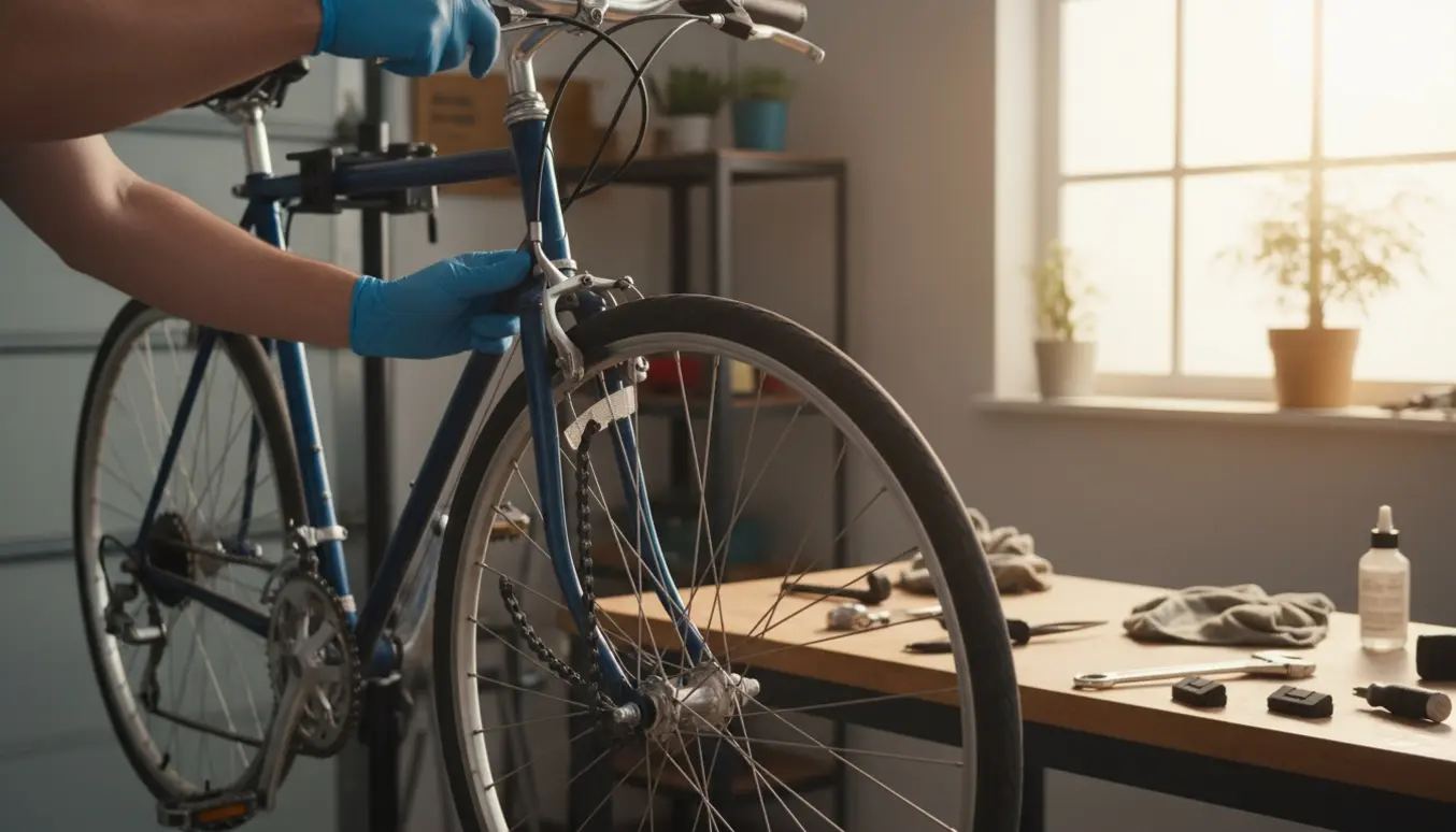 Nærbillede af cykel på værksted med hænder, der spænder kæde og justerer en fast håndbremse.