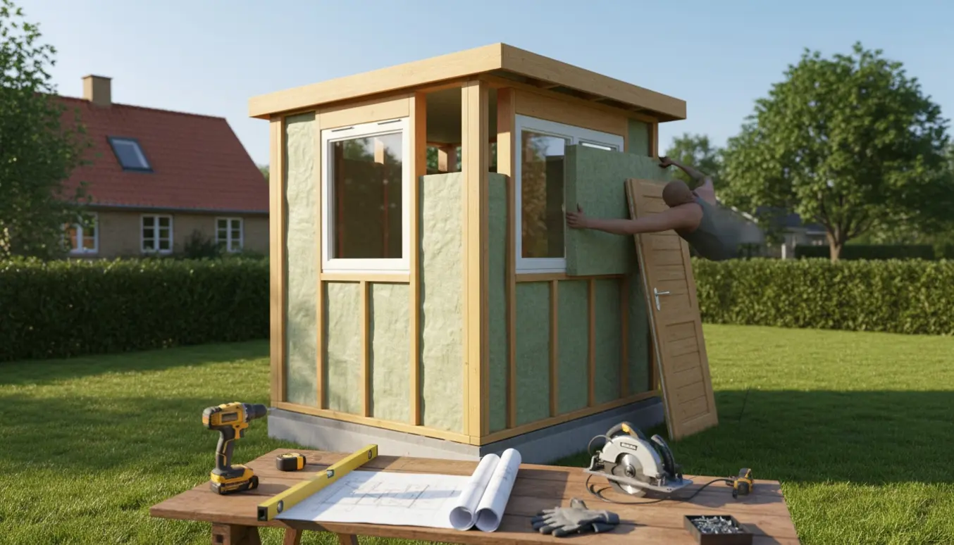 Et isoleret 10 m² skur under opførelse i en dansk have med træskelet, isoleringsplader, vindue og værktøj.