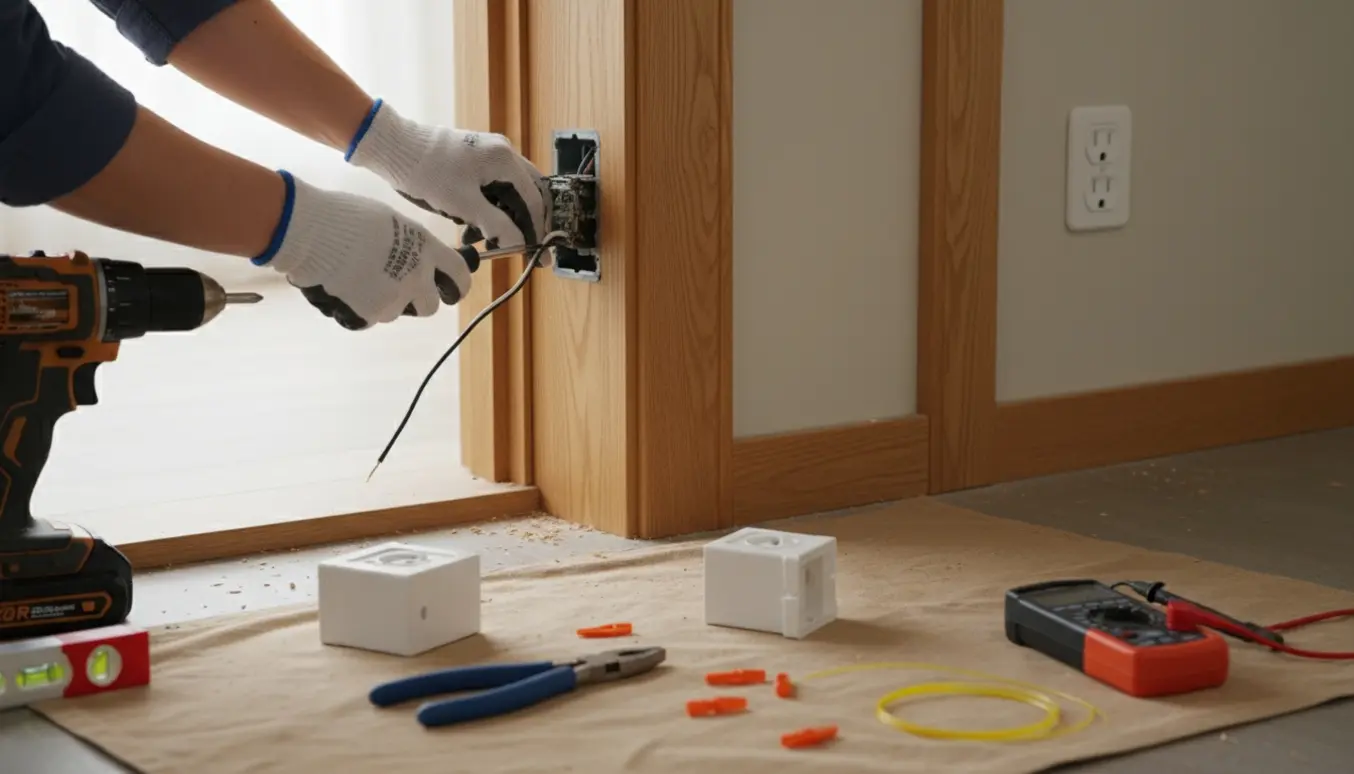 Nærbillede af en håndværker, der flytter en stikkontakt fra en dørgerigt til væggen ved siden af en dør.