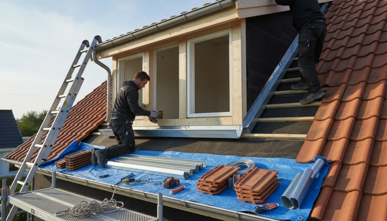 Håndværkere renoverer tag og monterer ny alu‑zink tagrende ved en 3 m bred kvist.
