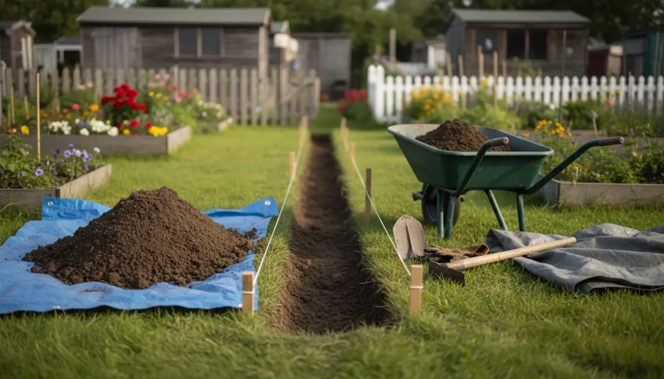 Lang, smal rende i en kolonihave med jord i trillebør og graveværktøj klar til bortkørsel.