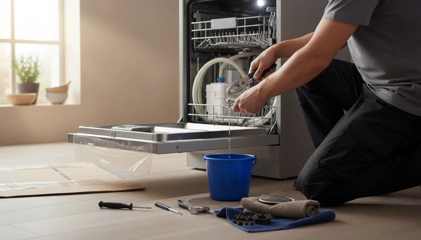 Tekniker arbejder på en spritny opvaskemaskines afløb med værktøj og en spand i et moderne køkken.
