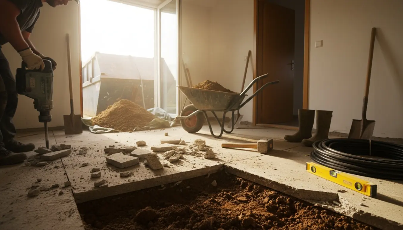 Kælder under gravning med brudt gulv, skovle og skottel fyldt med jord og container udenfor vinduet.