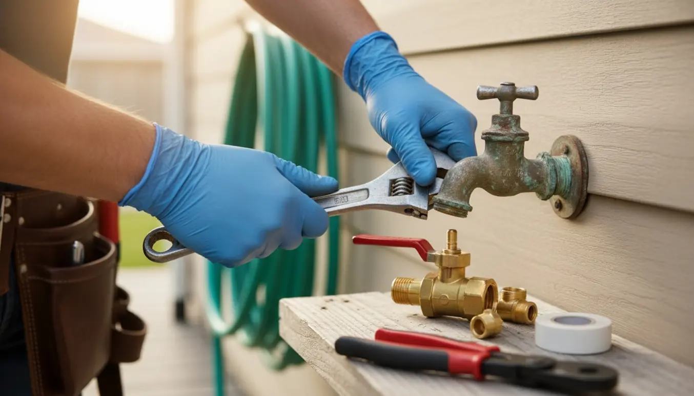 Nærbillede af handskerede hænder, der udskifter en udendørs vandhane og en defekt afspærringsventil ved husets ydermur.