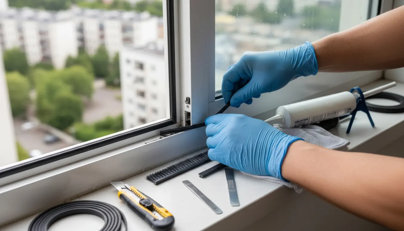 Nærbillede af hænder, der monterer ny tætningsliste og fejeliste i aluminiums skydevindue på en altan.