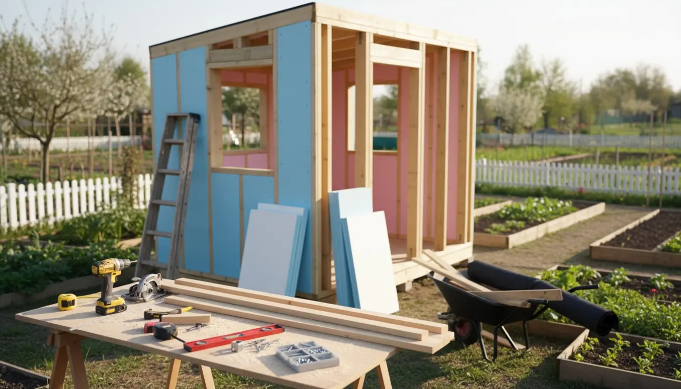 Anneks under opbygning i en kolonihave med tømrerens værktøj og materialer i forgrunden.
