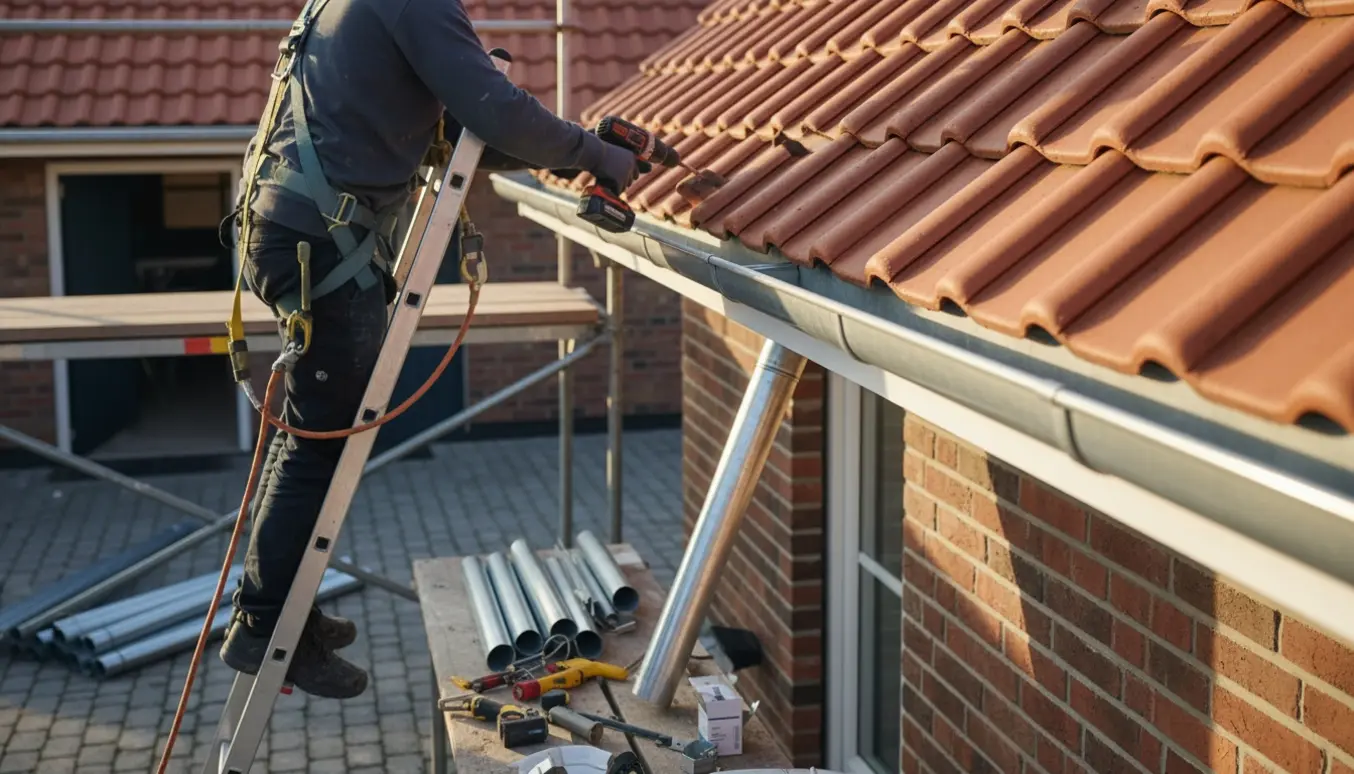 Håndværker set bagfra monterer nye zinktagrender på husets facade med zinksektioner og gamle rør klar i gården.