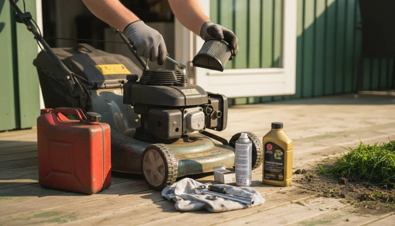 Plæneklipper med åben motor på en terrasse ved et sommerhus, mens hænder arbejder med værktøj og reservedele.
