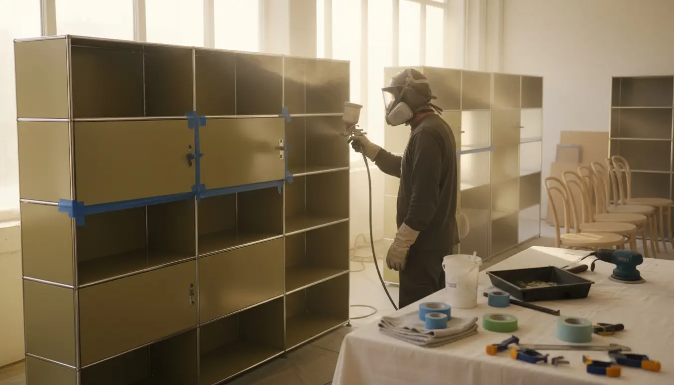 Sprøjtemaling af Montana-reoler og let slebne 7'er stole i et lyst, ryddeligt værksted.