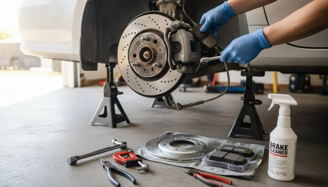 Nærbillede af bilbremser med håndskerede hænder, slidte og nye bremseklodser samt afdækket parkeringsbremsekabel.