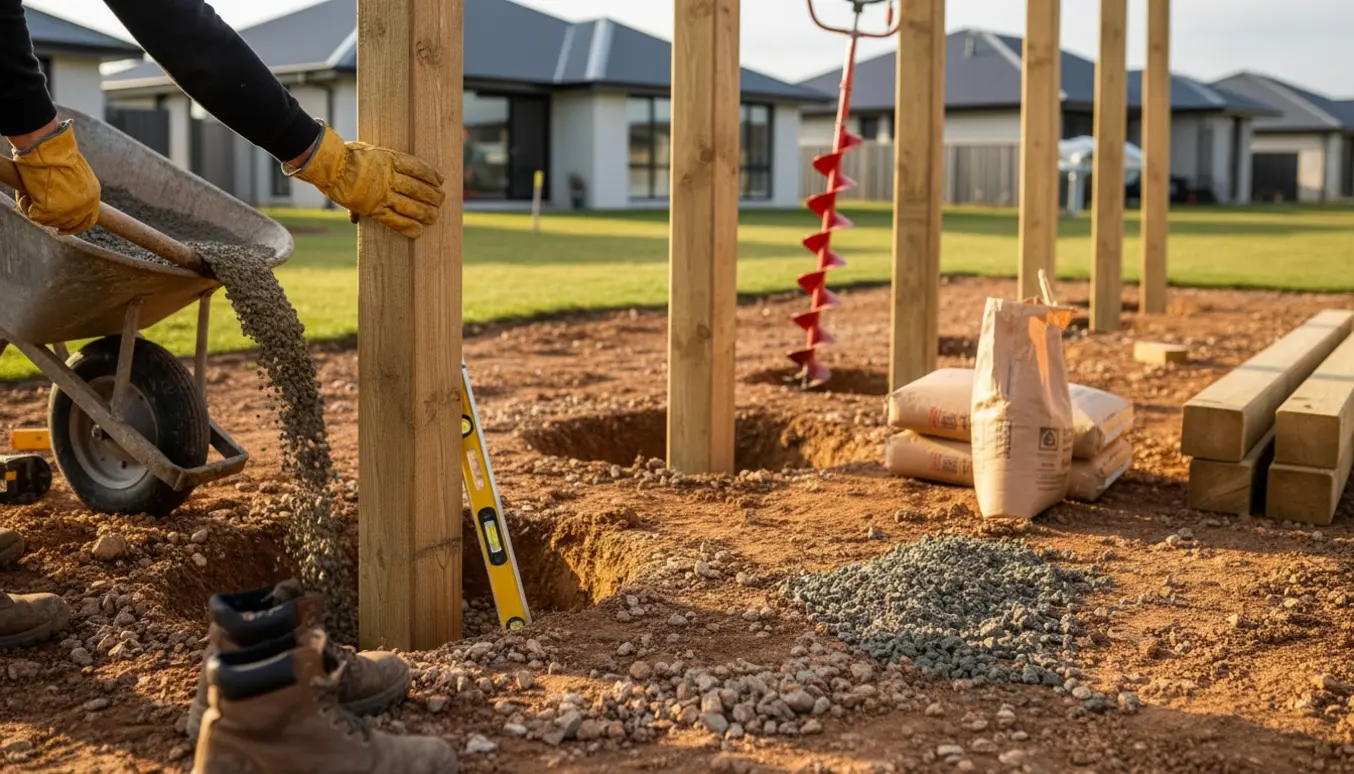 Nærbillede af nedgravning og støbning af træstolper i lerjord til et klatrestativ.