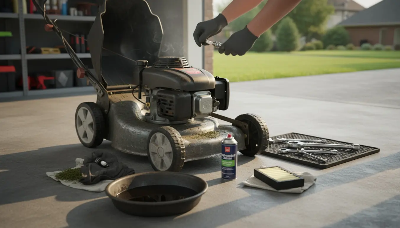 Nærbillede af en plæneklipper under service på en garageopkørsel med handsker, fjernet tændrør, værktøj og oliepande.